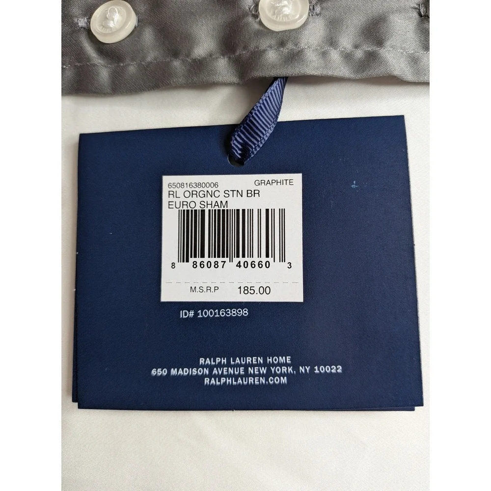 Ralph Lauren Organic Cotton Sateen Border European Sham Graphite/White NWT